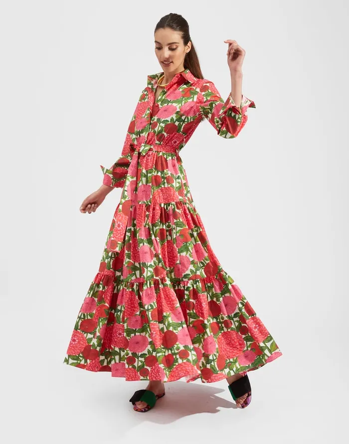 La Doublej Bellini Dress Pink Dahlias In Popeline Cotton Women Dresses