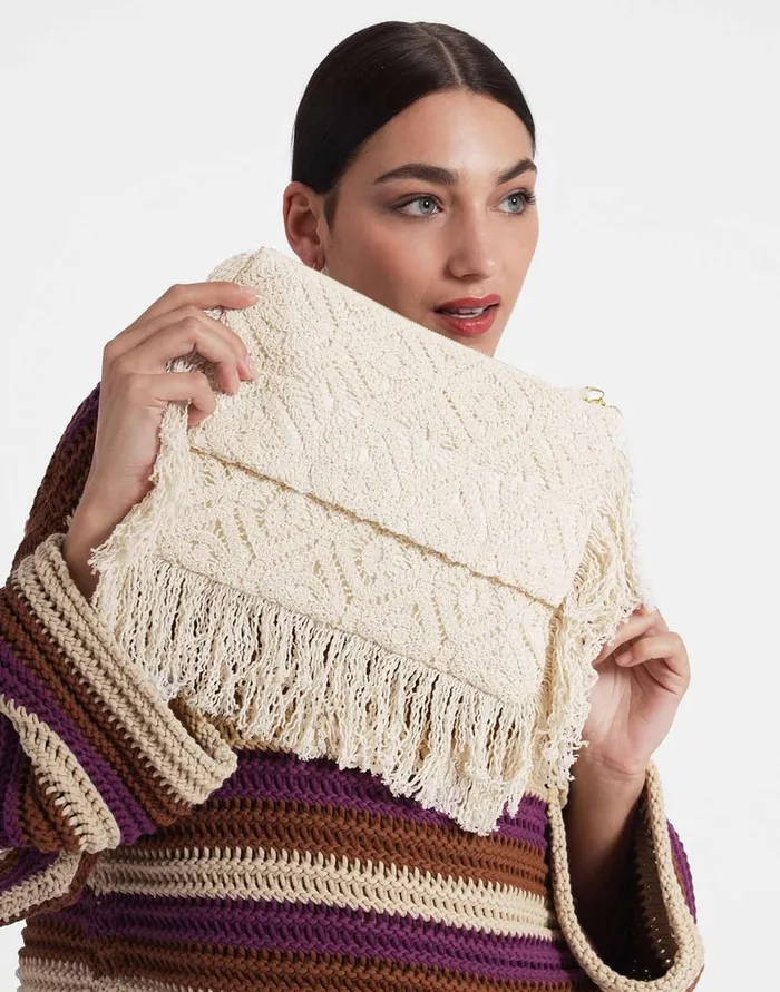 La Doublej Hand Pochette Plaza Cream In Macram Women Bags and Pochettes