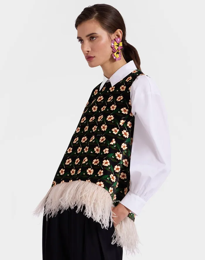 La Doublej La Scala Top Mayfair Black In Cotton Velvet With Feathers Women Shirts and Tops