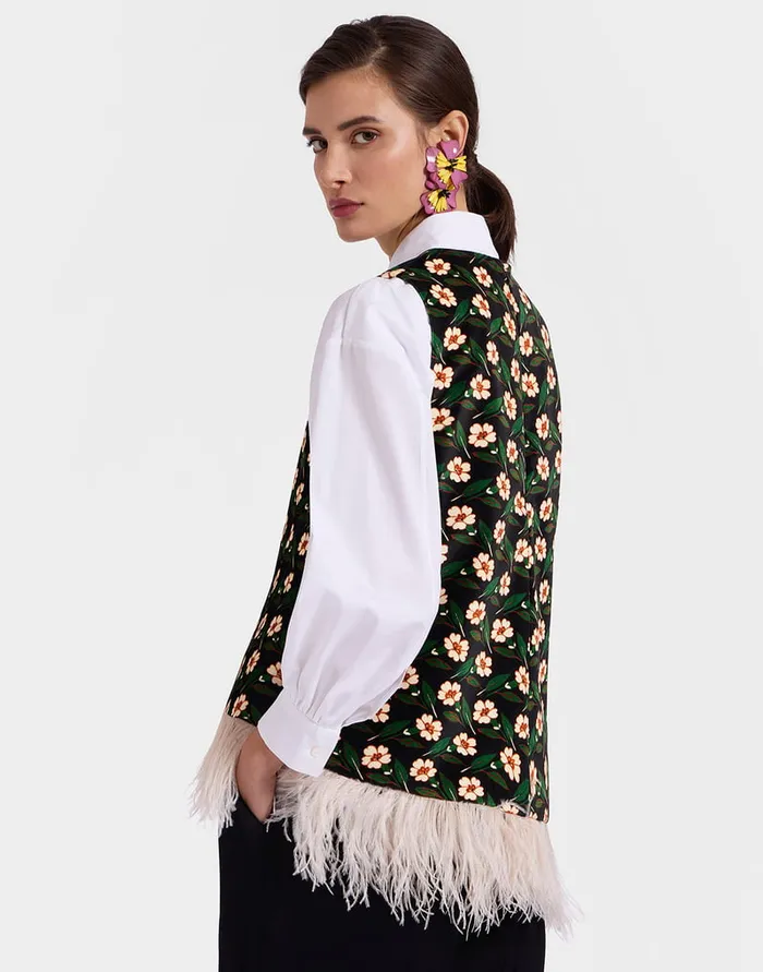 La Doublej La Scala Top Mayfair Black In Cotton Velvet With Feathers Women Shirts and Tops