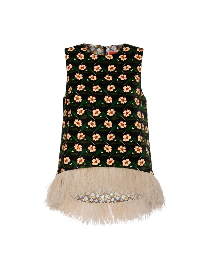 La Doublej La Scala Top Mayfair Black In Cotton Velvet With Feathers Women Shirts and Tops