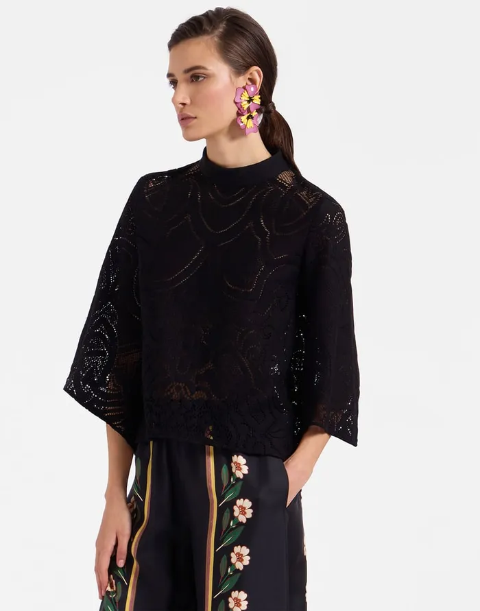 La Doublej Lacey Make An Exit Top Solid Black In Embroidered Cotton Women Shirts and Tops