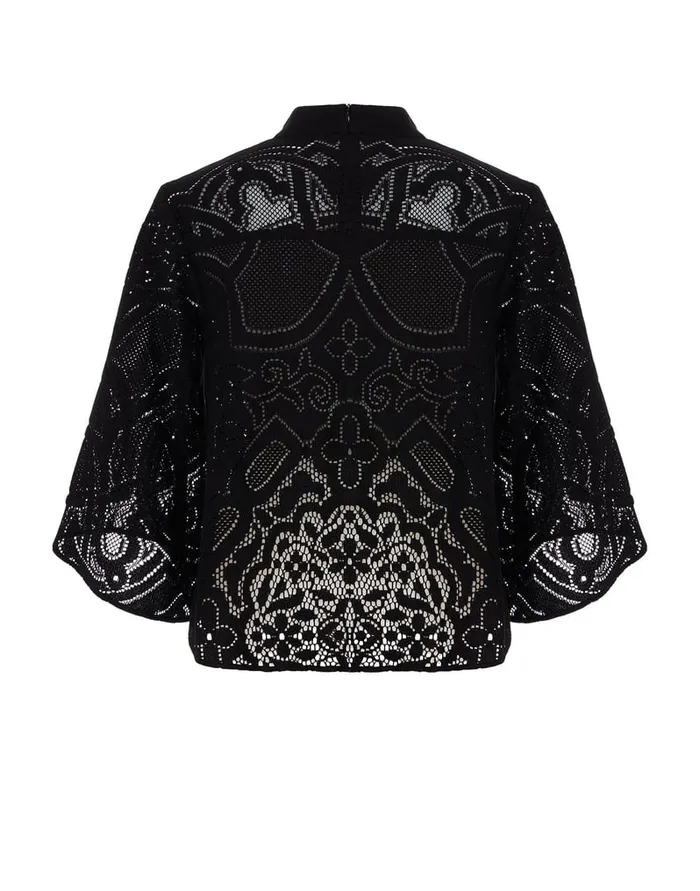 La Doublej Lacey Make An Exit Top Solid Black In Embroidered Cotton Women Shirts and Tops