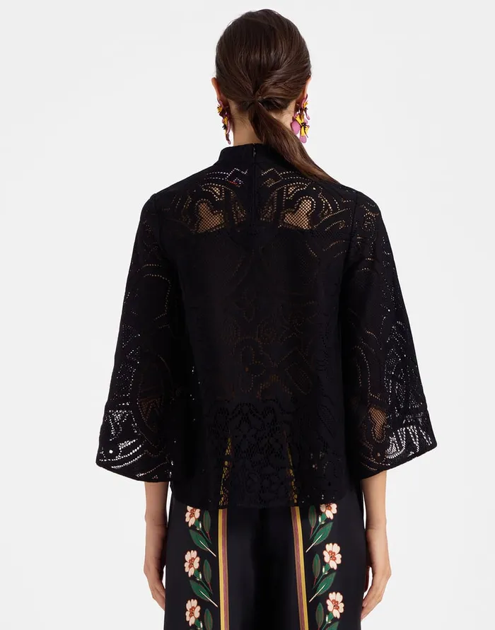 La Doublej Lacey Make An Exit Top Solid Black In Embroidered Cotton Women Shirts and Tops