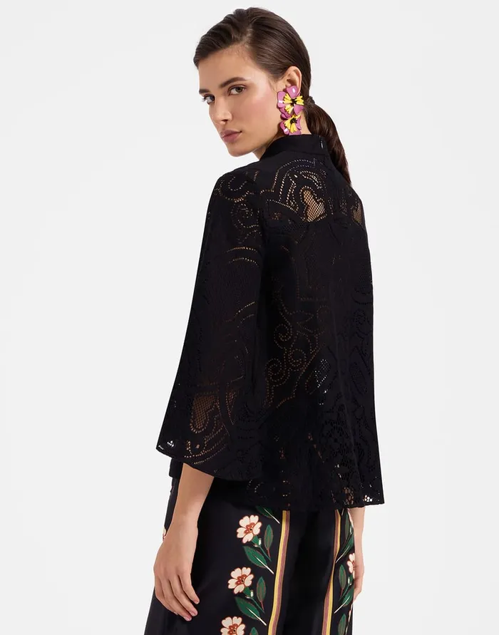 La Doublej Lacey Make An Exit Top Solid Black In Embroidered Cotton Women Shirts and Tops