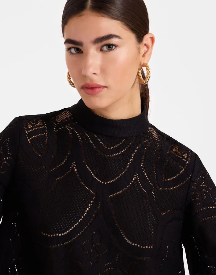 La Doublej Lacey Make An Exit Top Solid Black In Embroidered Cotton Women Shirts and Tops