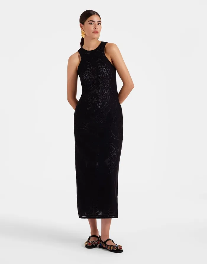 La Doublej Lacey Racer Dress Solid Black In Embroidered Cotton Women Dresses