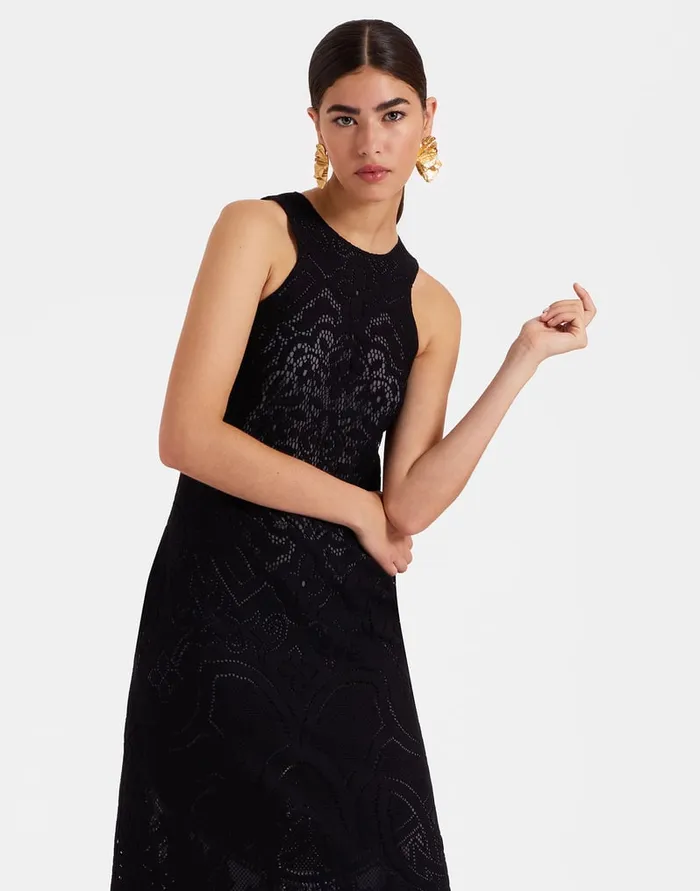 La Doublej Lacey Racer Dress Solid Black In Embroidered Cotton Women Dresses
