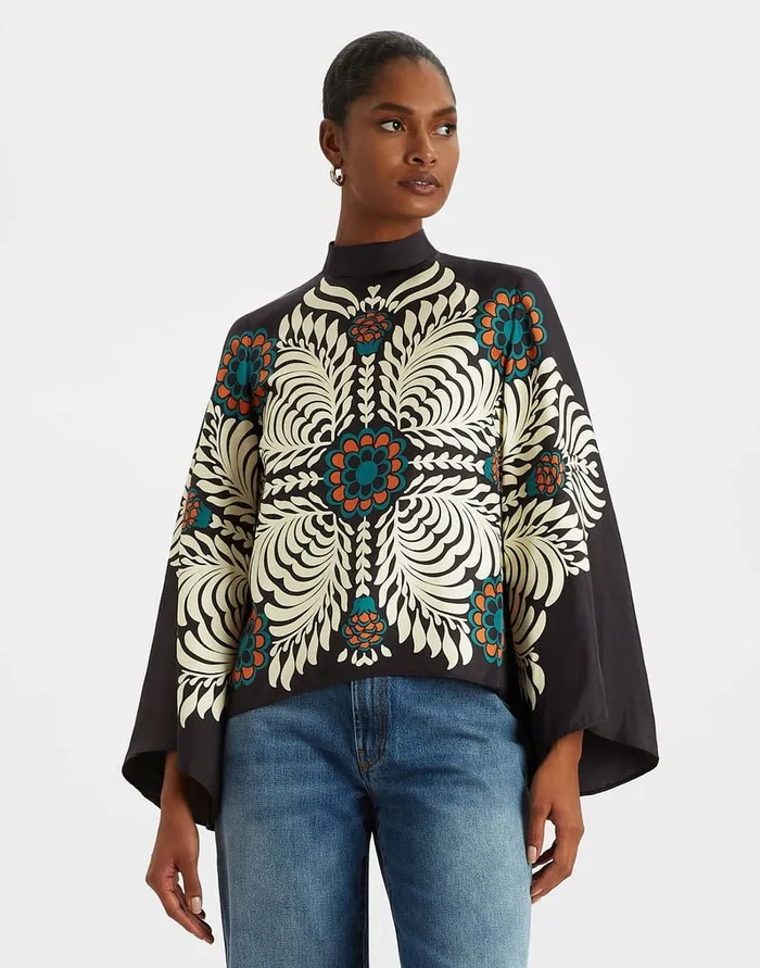 La Doublej Make An Exit Top Mix Tiles Place Black In Silk Twill Women Shirts and Tops