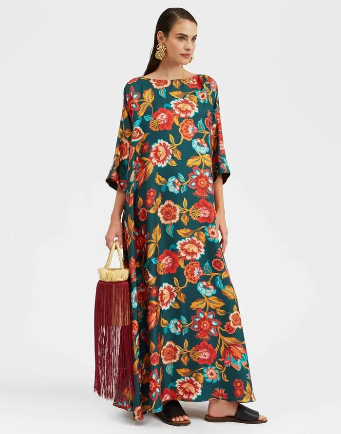 La Doublej Muumuu Dress Round Neck Hottie Emerald In Silk Twill Women Dresses
