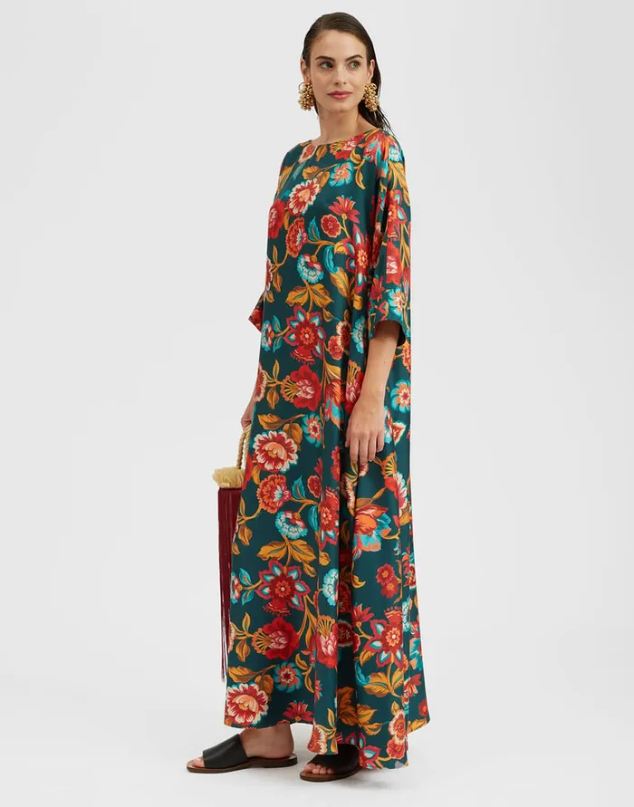 La Doublej Muumuu Dress Round Neck Hottie Emerald In Silk Twill Women Dresses