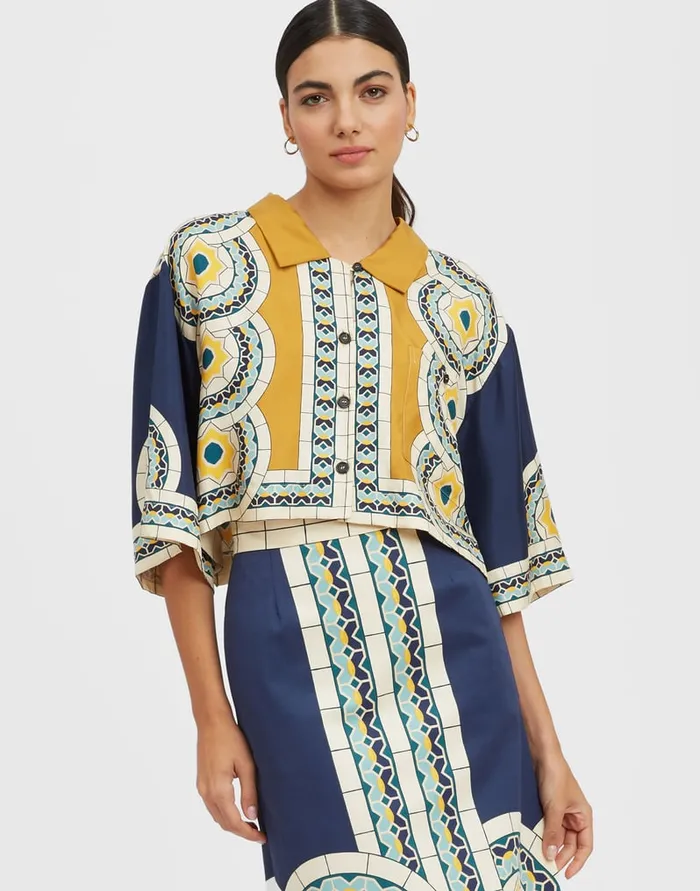 La Doublej Short Shirt Mudejar Place Blue In Silk Twill Women Shirts and Tops