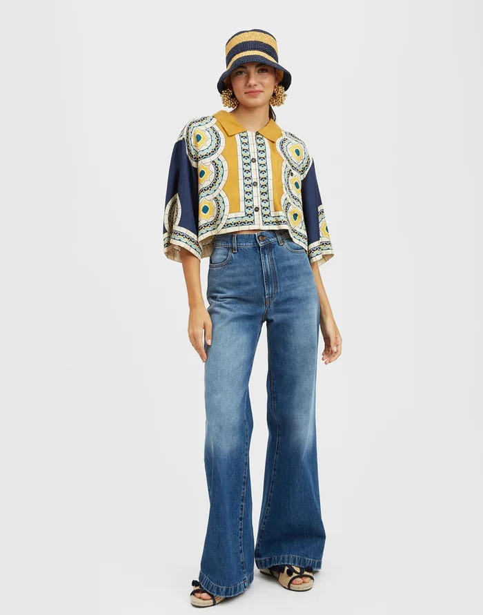 La Doublej Short Shirt Mudejar Place Blue In Silk Twill Women Shirts and Tops
