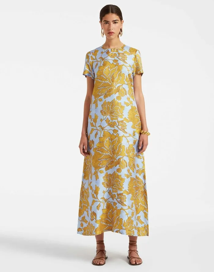 La Doublej Swing Dress Tangle Light Blue In Silk Twill Women Party Dressing