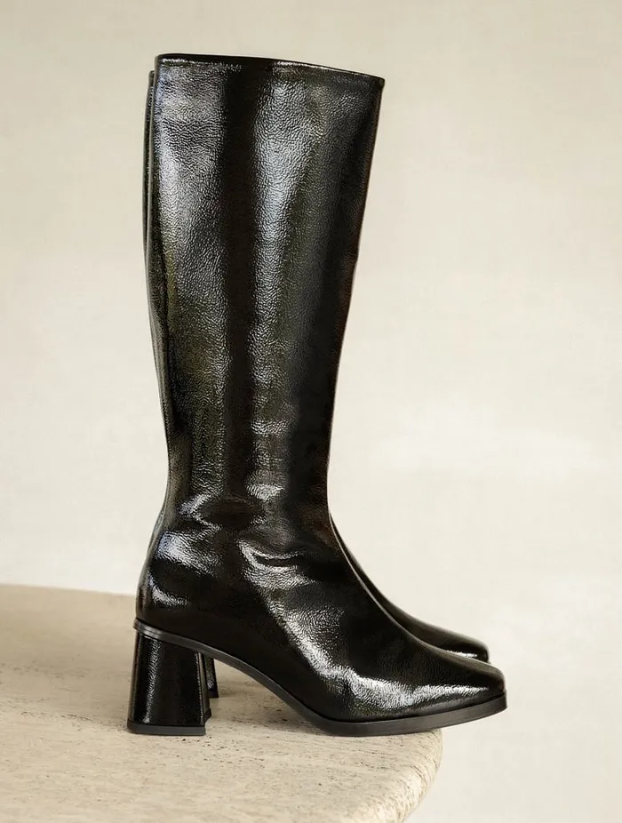 Lala Black Vinyl Women Bobbies Knee High Boots