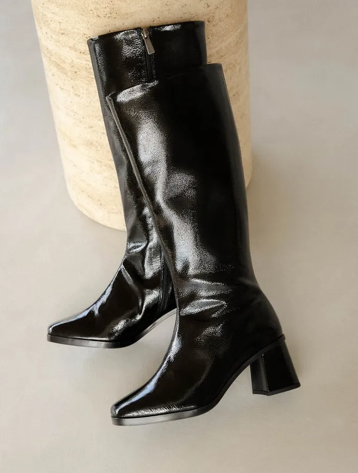 Lala Black Vinyl Women Bobbies Knee High Boots