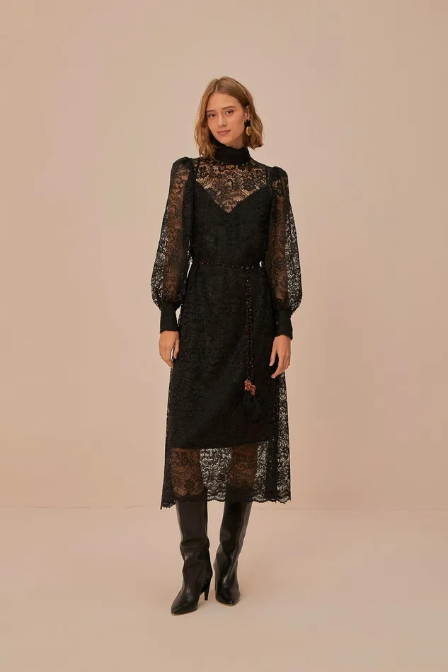 Lace Black Midi Dress Women Farm Rio Midi Dresses
