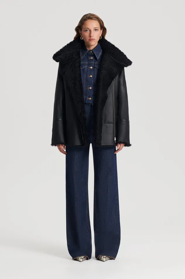 Leather Scanlan Theodore Women SHEARLING TRAPEZE JACKET BLACK