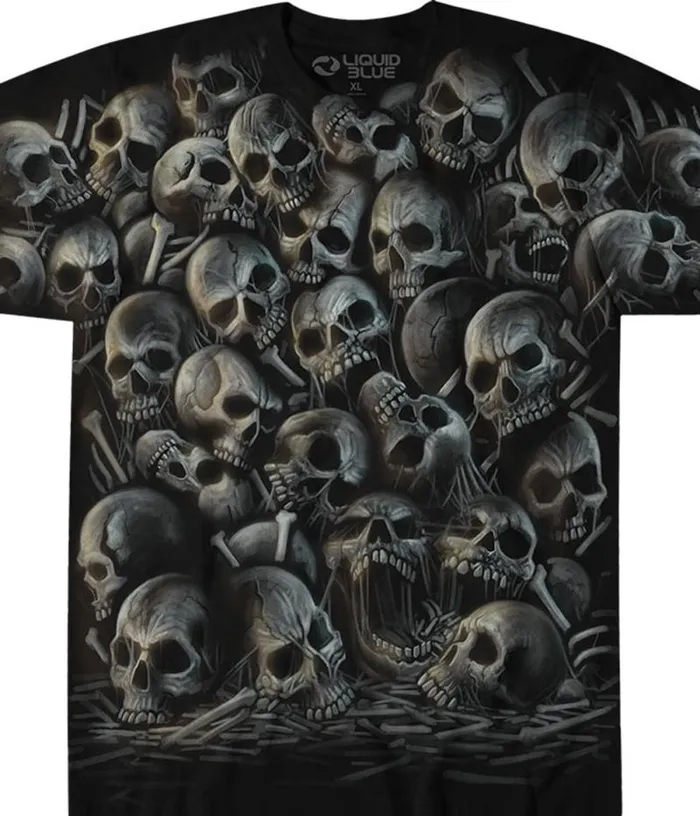 Liquid Blue TShirt Men All Over Skulls Black TShirt