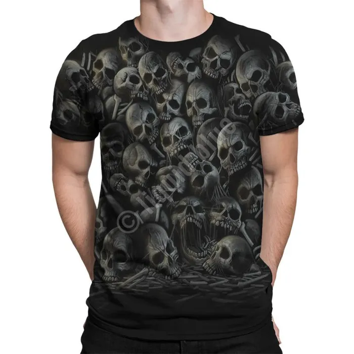 Liquid Blue TShirt Men All Over Skulls Black TShirt