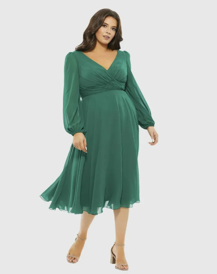 Mac Duggal Chiffon Bishop Sleeve Surplice Dress Plus Emerald Green Women Plus Size Dresses