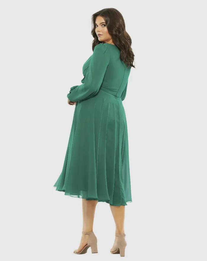 Mac Duggal Chiffon Bishop Sleeve Surplice Dress Plus Emerald Green Women Plus Size Dresses