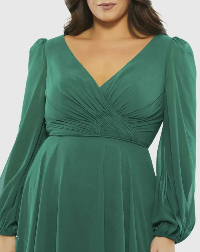 Mac Duggal Chiffon Bishop Sleeve Surplice Dress Plus Emerald Green Women Plus Size Dresses