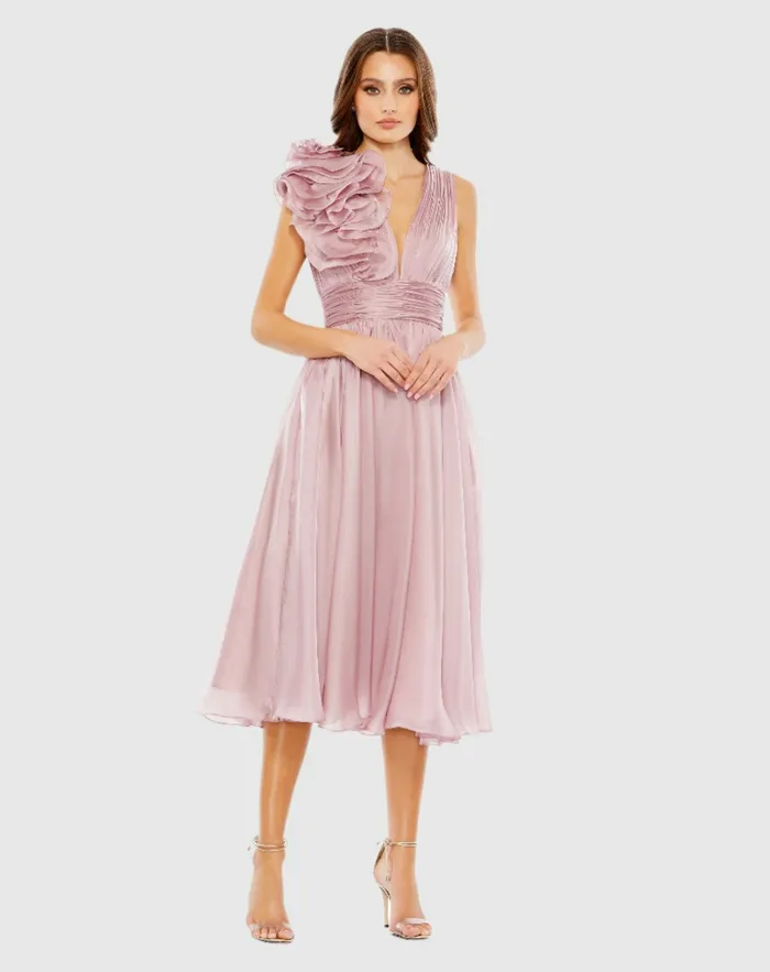 Mac Duggal Cocktail Dresses Women Pink Sleeveless Chiffon ALine Tea Length Cocktail Dress Rose
