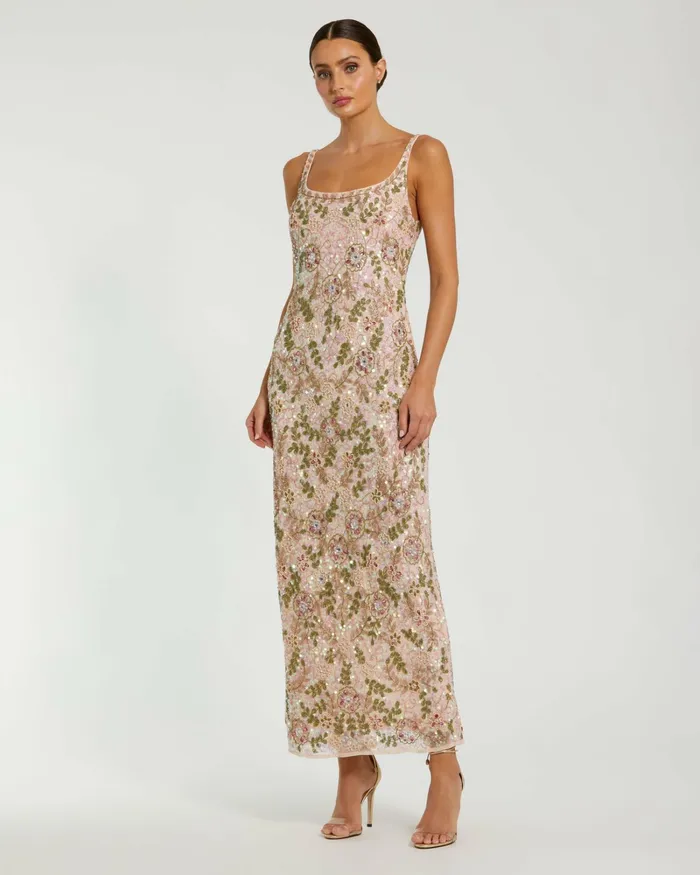 Mac Duggal Cocktail Dresses Women Sleeveless Hand Beaded Floral Midi Dress Nude Multi