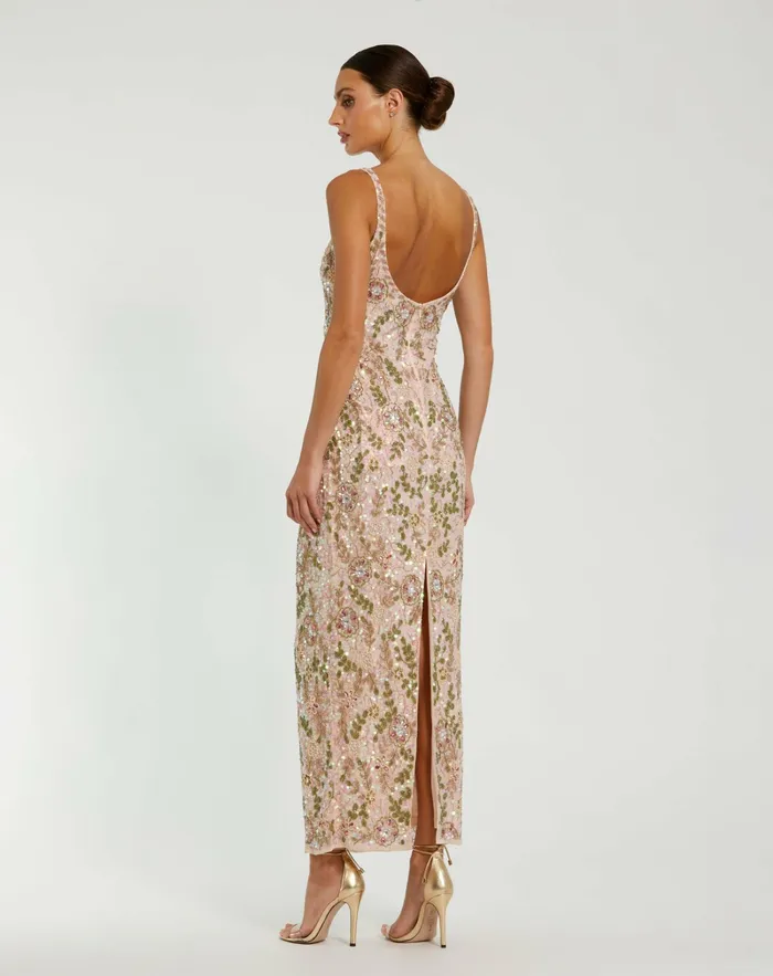 Mac Duggal Cocktail Dresses Women Sleeveless Hand Beaded Floral Midi Dress Nude Multi