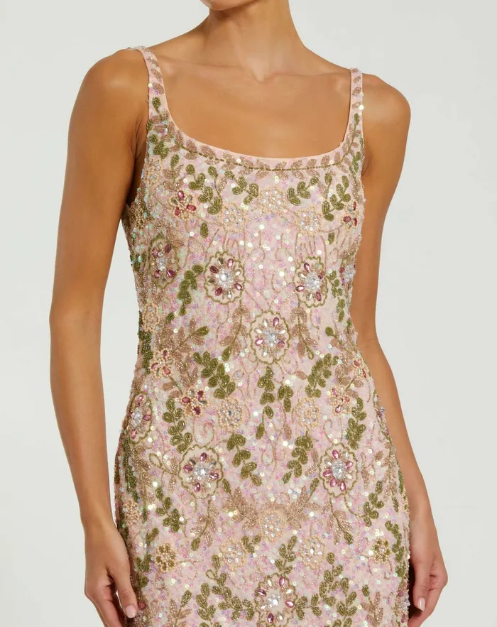 Mac Duggal Cocktail Dresses Women Sleeveless Hand Beaded Floral Midi Dress Nude Multi