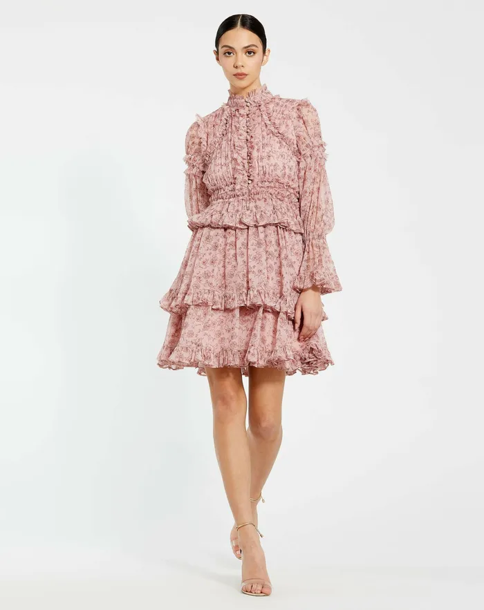 Mac Duggal Daytime Dresses Women Long Sleeve Open Front High Neck Ruffle Mini Dress Cinnamon