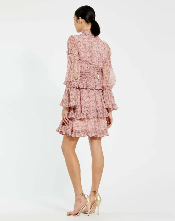 Mac Duggal Daytime Dresses Women Long Sleeve Open Front High Neck Ruffle Mini Dress Cinnamon
