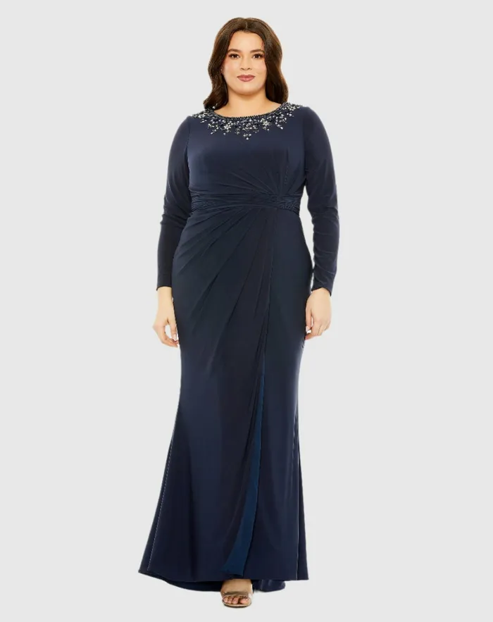 Mac Duggal Plus Size Dresses Women Long Sleeve Embellished Neckline Jersey Gown Midnight