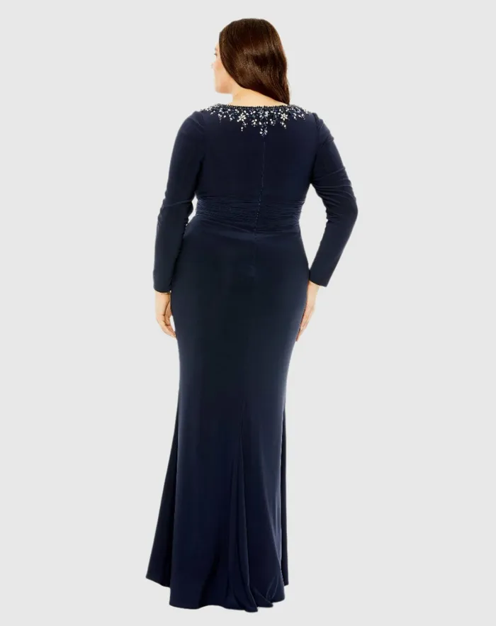 Mac Duggal Plus Size Dresses Women Long Sleeve Embellished Neckline Jersey Gown Midnight