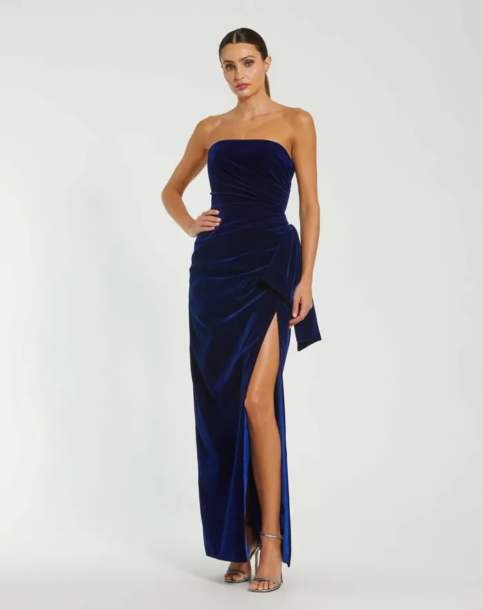 Mac Duggal Strapless High Slit Draped Velvet Gown Cobalt Women Best Sellers