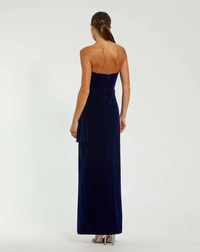 Mac Duggal Strapless High Slit Draped Velvet Gown Cobalt Women Best Sellers