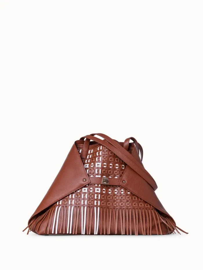 Medium Ai Shoulder Bag In Woven Leather With Fringes Caramelwhite Women Akris Tote Bags