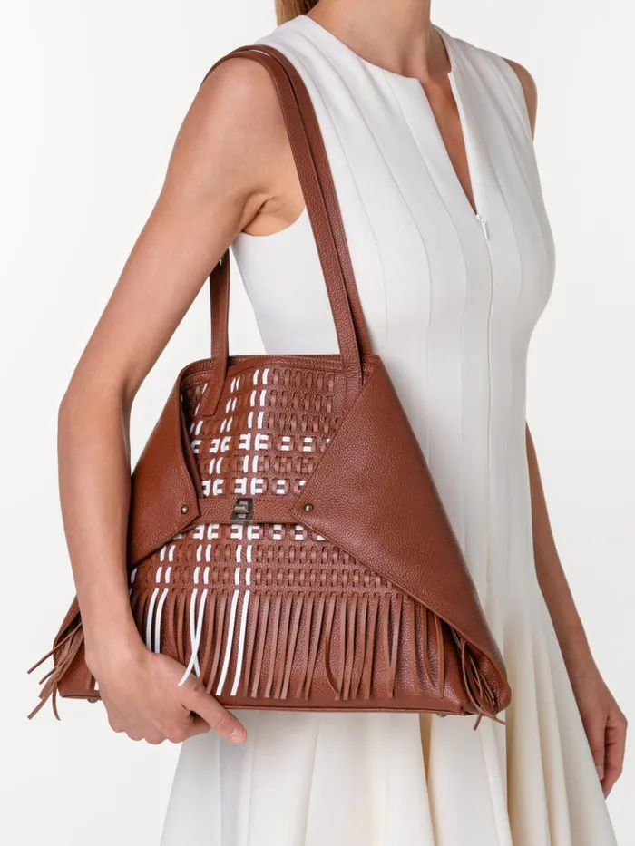 Medium Ai Shoulder Bag In Woven Leather With Fringes Caramelwhite Women Akris Tote Bags