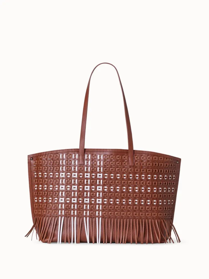 Medium Ai Shoulder Bag In Woven Leather With Fringes Caramelwhite Women Akris Tote Bags