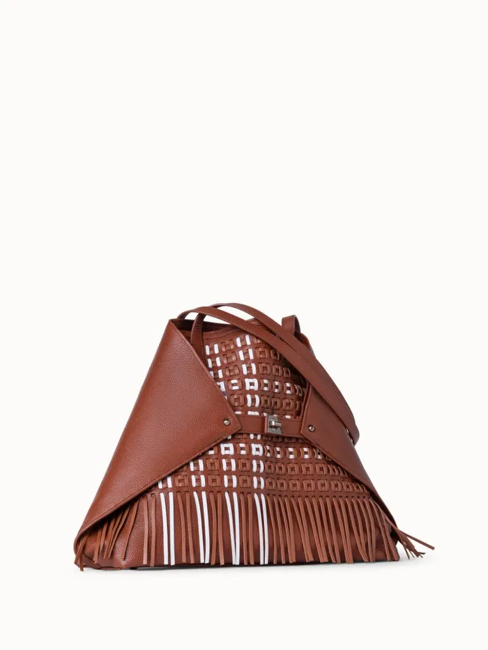 Medium Ai Shoulder Bag In Woven Leather With Fringes Caramelwhite Women Akris Tote Bags