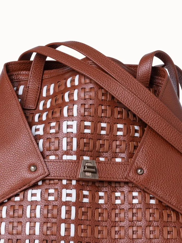 Medium Ai Shoulder Bag In Woven Leather With Fringes Caramelwhite Women Akris Tote Bags