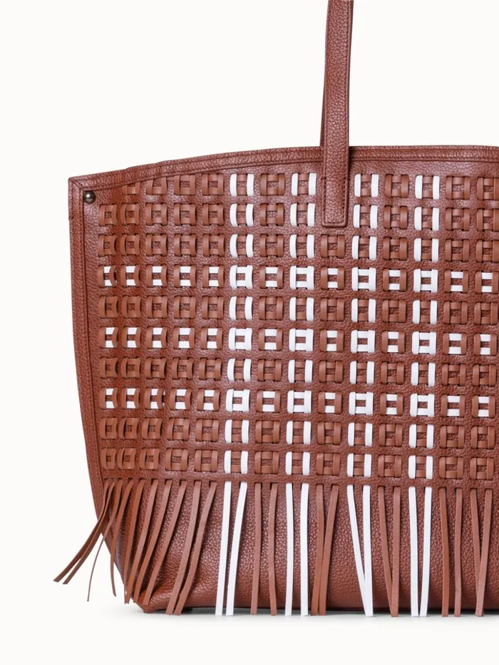 Medium Ai Shoulder Bag In Woven Leather With Fringes Caramelwhite Women Akris Tote Bags