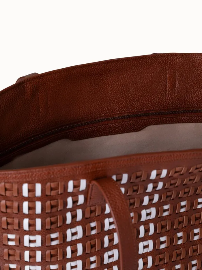 Medium Ai Shoulder Bag In Woven Leather With Fringes Caramelwhite Women Akris Tote Bags