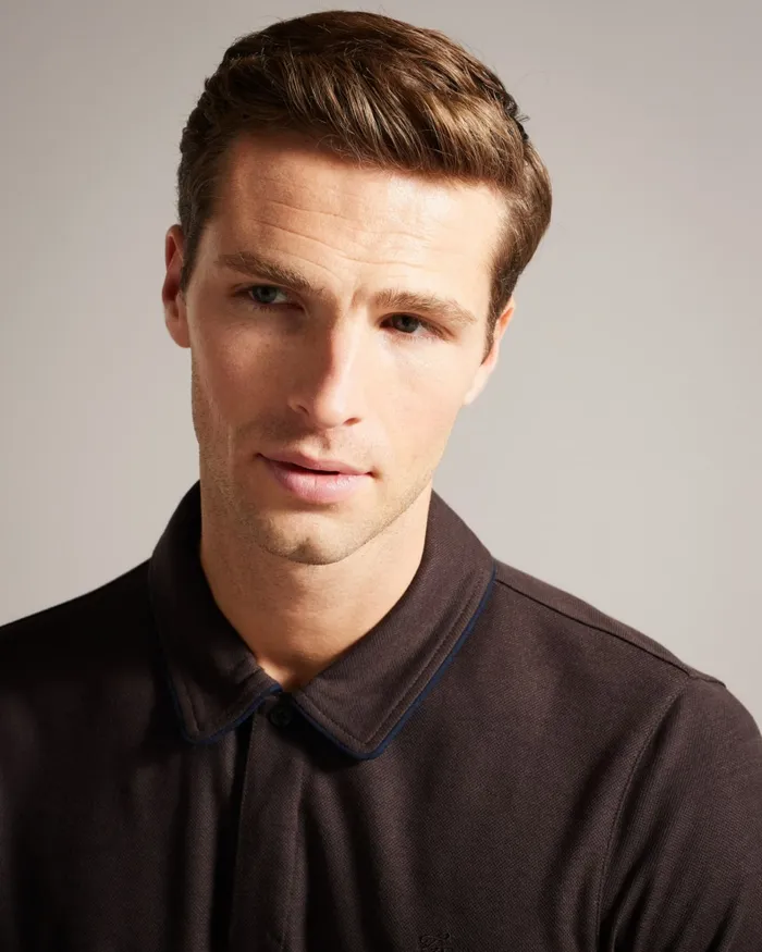 Men AROUE 8211 Short Sleeve Polo Shirt With Suedette Trim Brownchocolate Ted Baker Tops Men AROUE 8211 Short Sleeve Polo Shirt With Suedette Trim Brownchocolate Ted Baker Tops