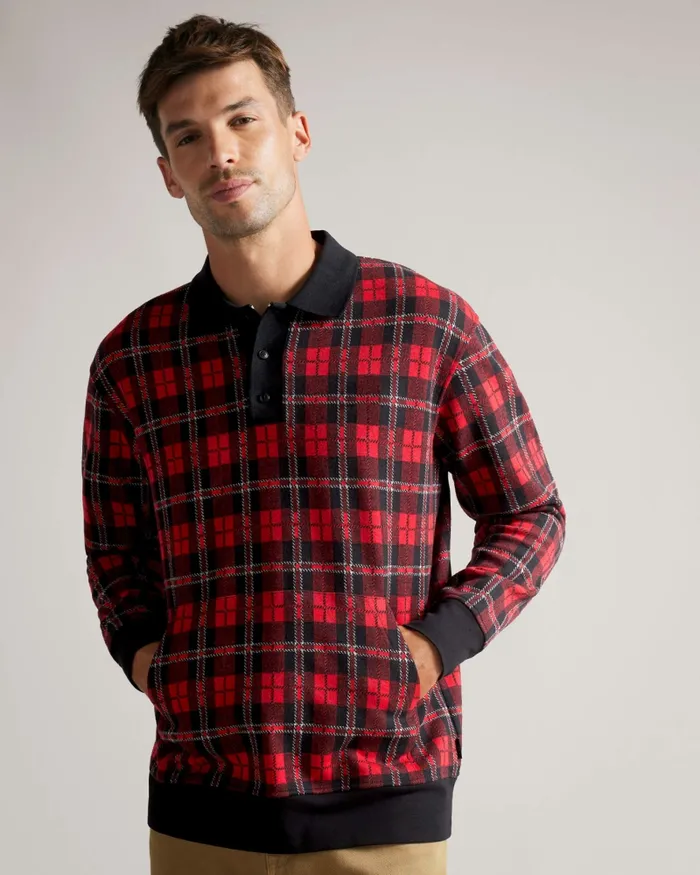 Men BENNEV 8211 Long Sleeve Check Rugby Shirt Red Ted Baker Tops Men BENNEV 8211 Long Sleeve Check Rugby Shirt Red Ted Baker Tops