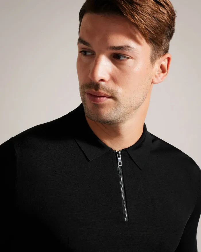Men DALDIN 8211 Short Sleeve Rayon Zip Polo Shirt Black Ted Baker Jumpers and Knitwear Men DALDIN 8211 Short Sleeve Rayon Zip Polo Shirt Black Ted Baker Jumpers and Knitwear