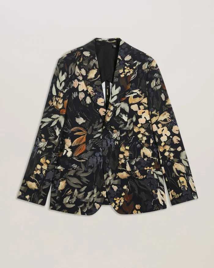 Men EMILIOJ 8211 Slim Fit Floral Print Suit Jacket Black Ted Baker Coats and Jackets