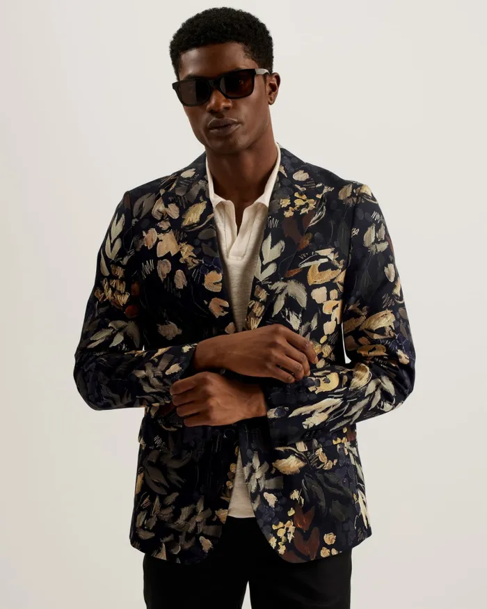 Men EMILIOJ 8211 Slim Fit Floral Print Suit Jacket Black Ted Baker Coats and Jackets