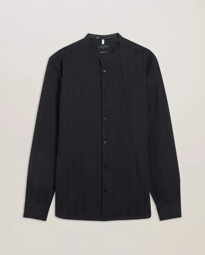 Men FIER 8211 Textured Stripe Grandad Collar Shirt Black Ted Baker Shirts